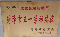 成武县泛亚电竞燃气有限公司获得2014年度“菏泽市五一劳动奖状”及“菏泽市学习型组织标兵单位”称号